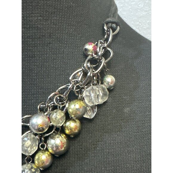 Chunky Beaded Necklace in Gold and Silver with Clear and Multicolor Beads 16 in - Picture 4 of 5